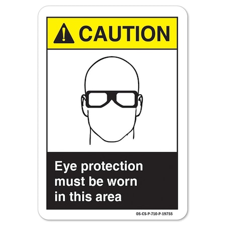 ANSI Caution Sign, Eye Protection Must Be Worn In This Area, 5in X 3.5in Decal, 10PK